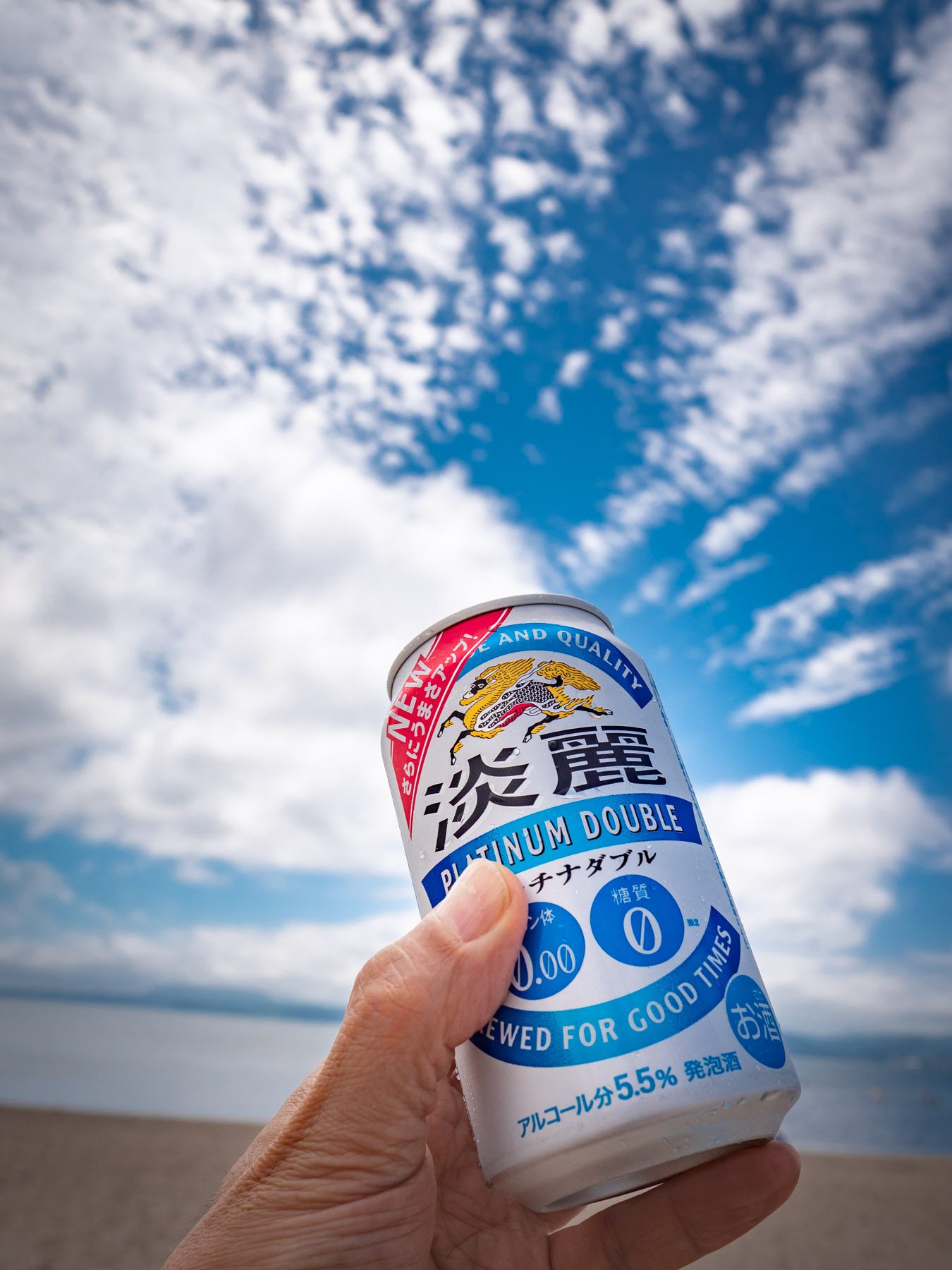 夏空を海を背景に掲げたよく冷えた缶ビール（正確には違うが）