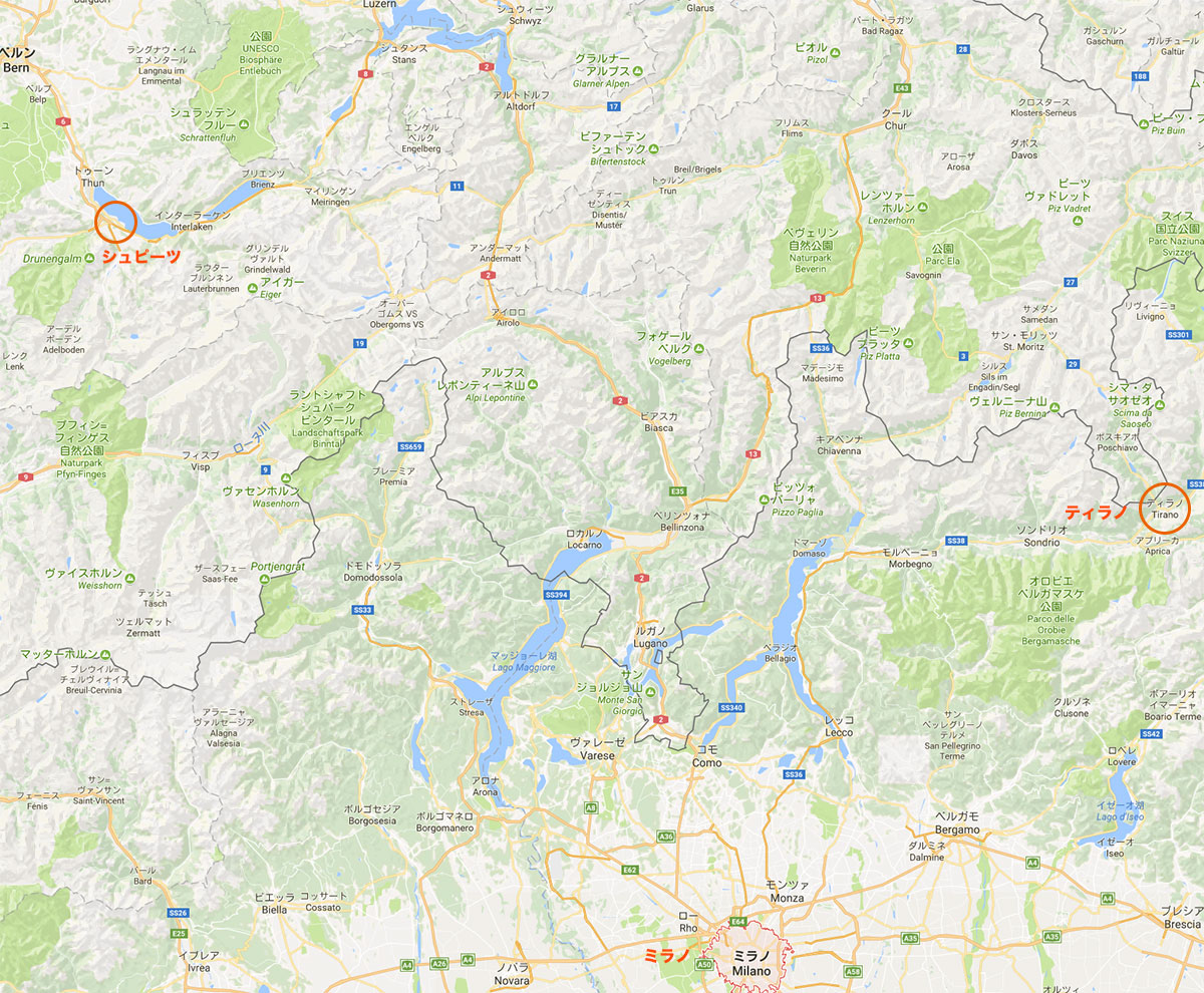 シュピーツ、ティラノ、ミラノのマップ